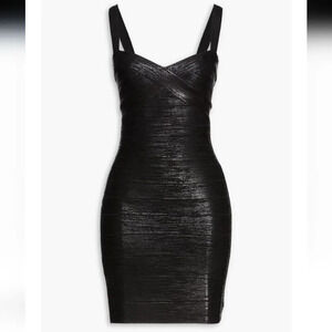 Herve Leger Sweetheart Neck Metallic Banded Foil Black Women's Mini Dress Small
